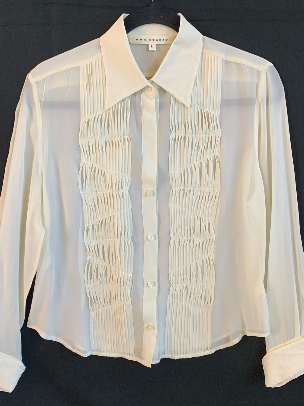 Max Studio 100% Silk Women's Off-White Sheer Pleated Front & Button-Up Blouse -L
